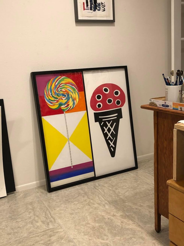 Big Lolly & Cone is a mixed media piece featuring a swirly lollypop, an icon of american amusements and escapism plus  an ice-cream cone, another sweet treat. The swirly lolly is rendered in hand-cut paper and painted canvas paper, and sits adjacent