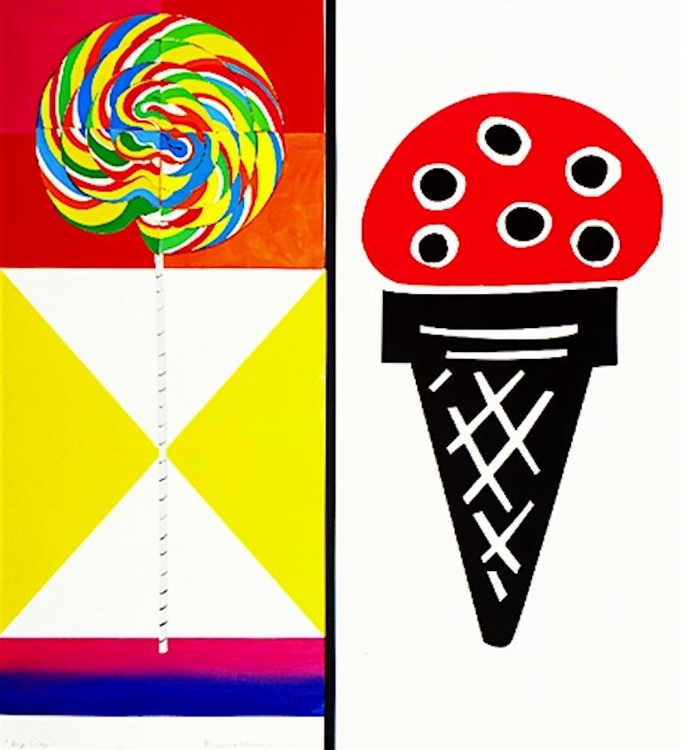 Big Lolly & Cone, colorful, bold, candy, abstract, hard edge, playful, pop art - Mixed Media Art by Philomena Marano