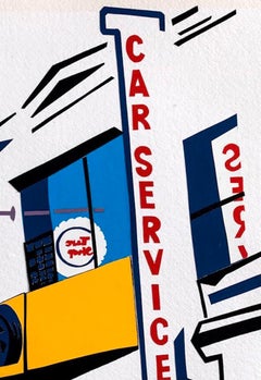 Car Service, cut paper collage, urban landscape, hard edge, bold graphic, text