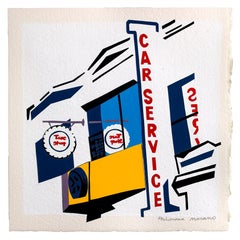 Car Service, collage di carta ritagliata, paesaggio urbano, bordi duri, grafica audace, testo