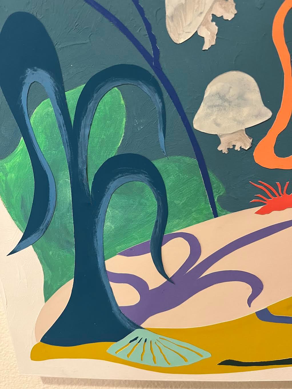 Schwebende Collage und gemalte bunte heitere Unterwasserlandschaft im Angebot 2