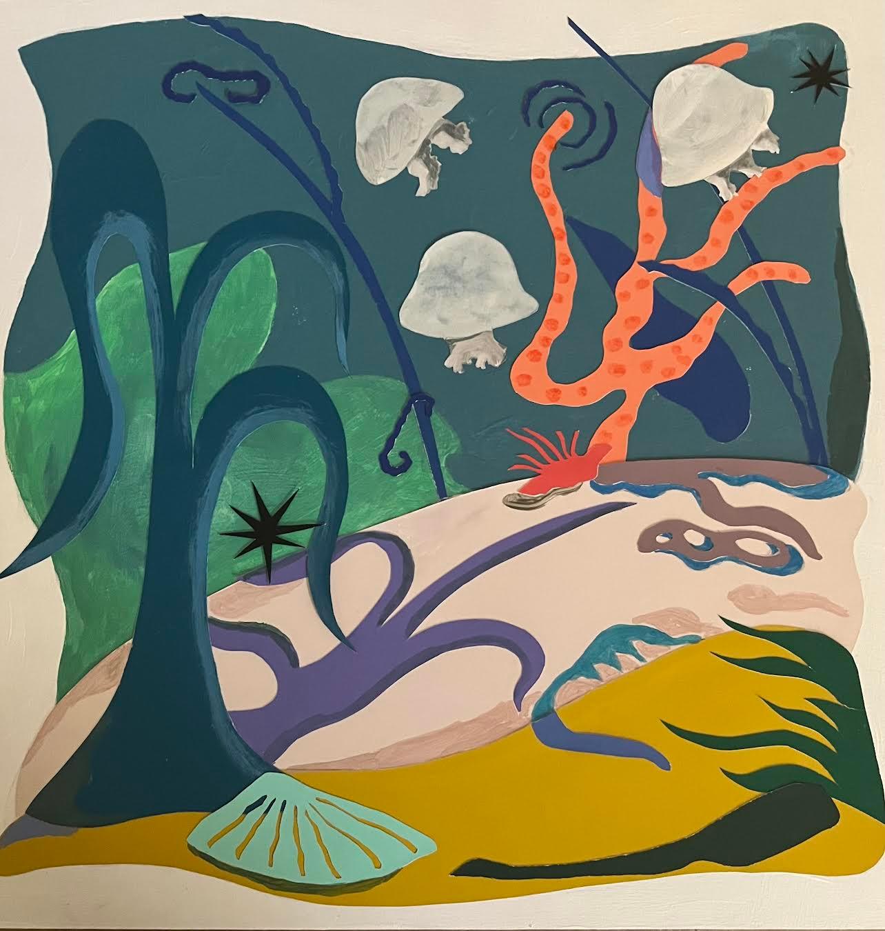 Schwebende Collage und gemalte bunte heitere Unterwasserlandschaft – Mixed Media Art von Philomena Marano