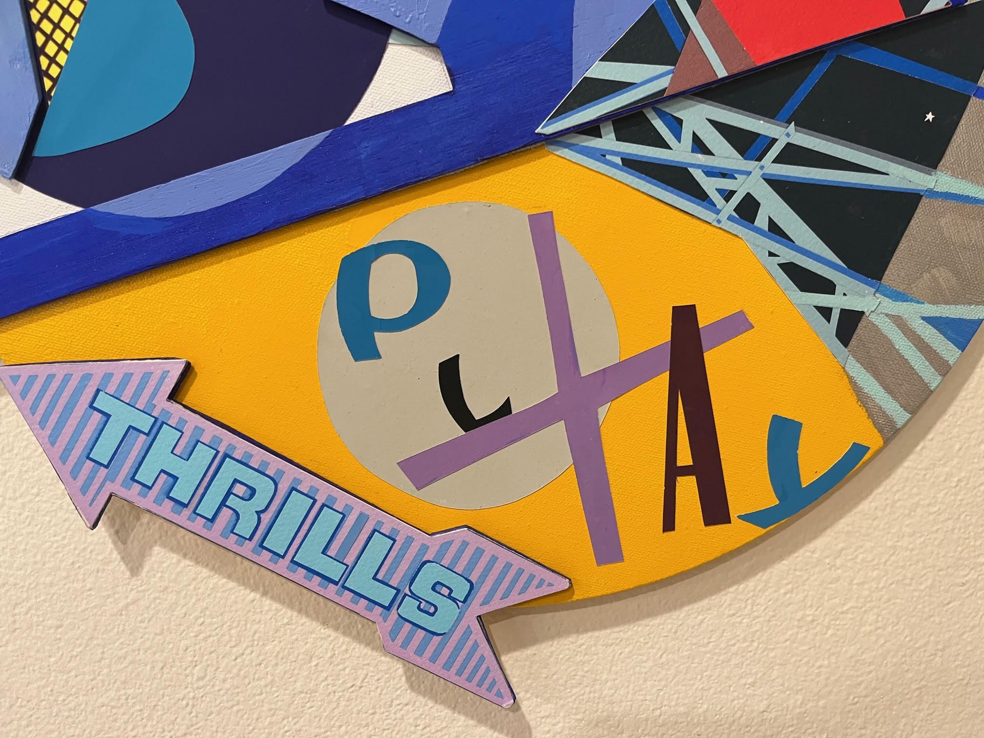 To create PLAY the artist reached back and up cycled materials that she had worked with in the past.  She combined sections of her archival pigment prints collaged with painted wood cut outs on a circle canvas and painted some areas in sign painters
