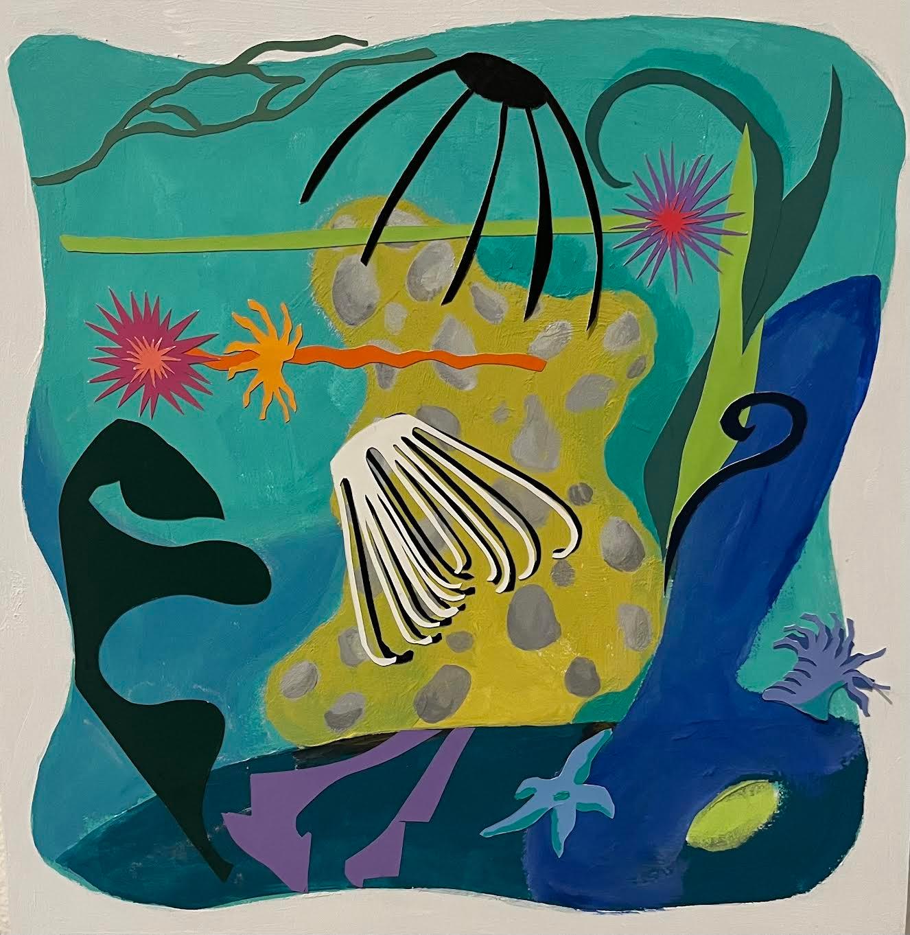 Seabrush Romp, colorful, undersea scene, aquatic , whimsical creatures playful - Mixed Media Art by Philomena Marano