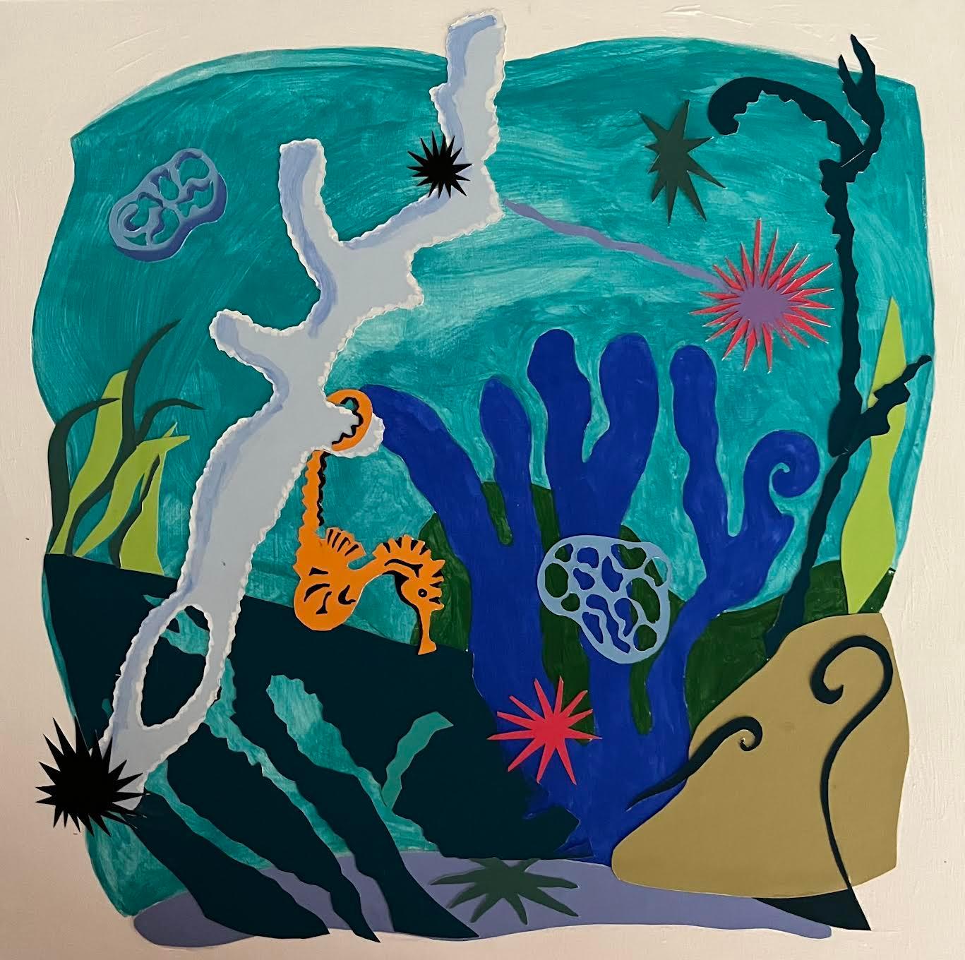 Seahorse Garden hard edge colorful aquatic whimsical undersea - Mixed Media Art by Philomena Marano
