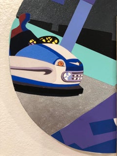 "Tondo/Your Choice"  bright colors, words, circle canvas, bumper cars, abstract