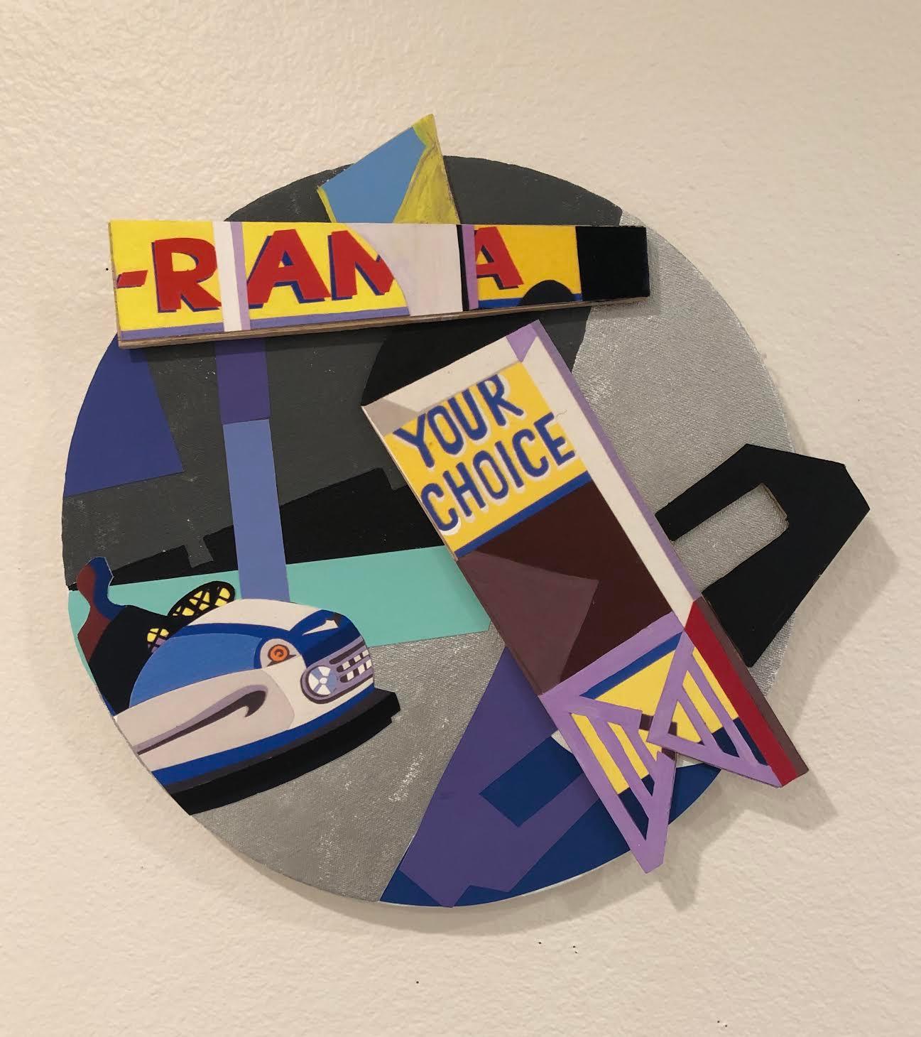 "Tondo/Your Choice"  bright colors, words, circle canvas, bumper cars, abstract - Mixed Media Art by Philomena Marano