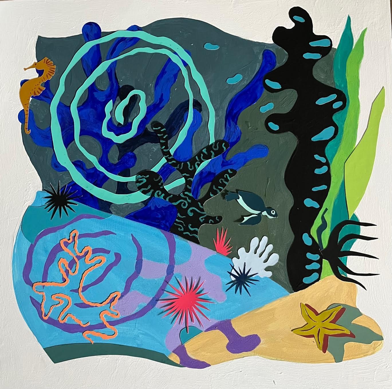 Philomena Marano Abstract Painting - Under the Sea colorful aquatic hard edge playful detailed ocean life