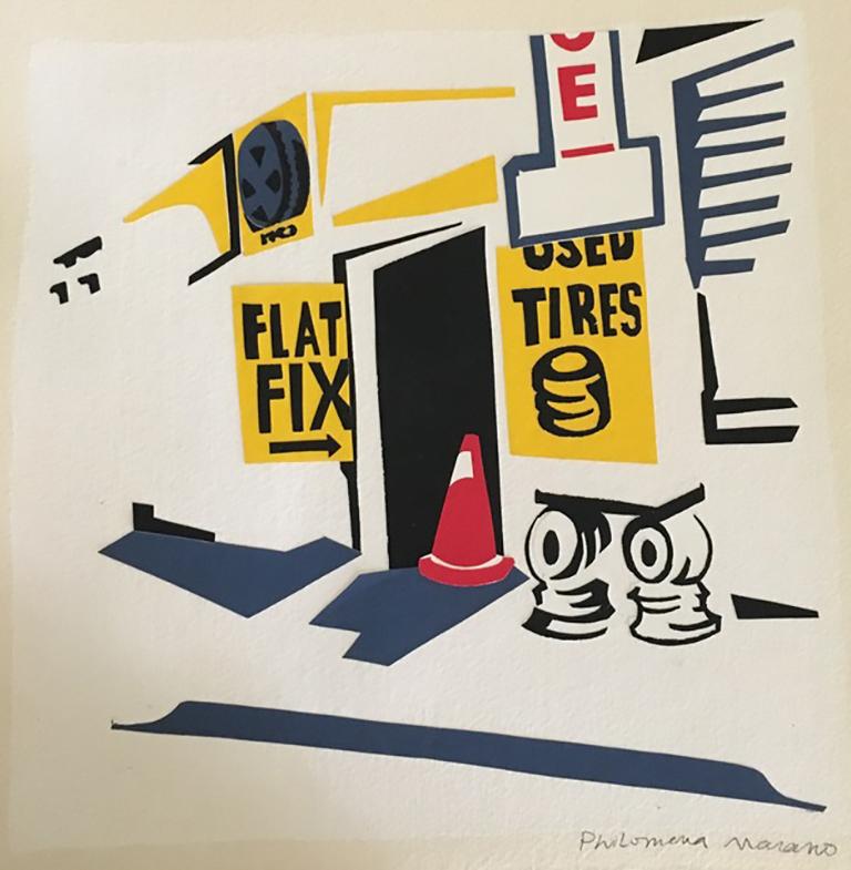 Used Tires,   urban street scene, industrial, hard edge, hand cut paper, collage - Mixed Media Art by Philomena Marano