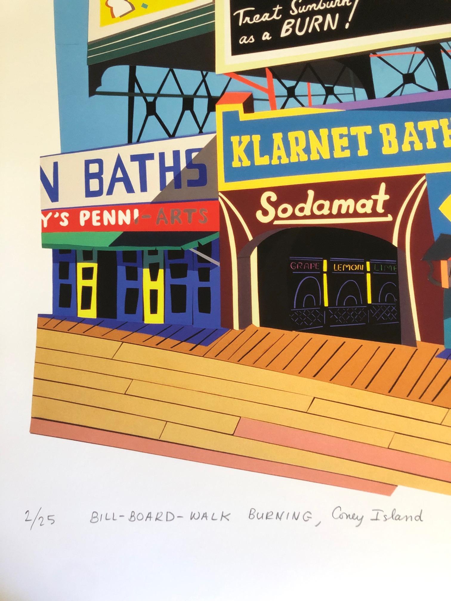 Bill Bill-Board-Walk, Burning/Coney Island, leuchtende Farben, Populärkultur, New York (Blau), Landscape Print, von Philomena Marano