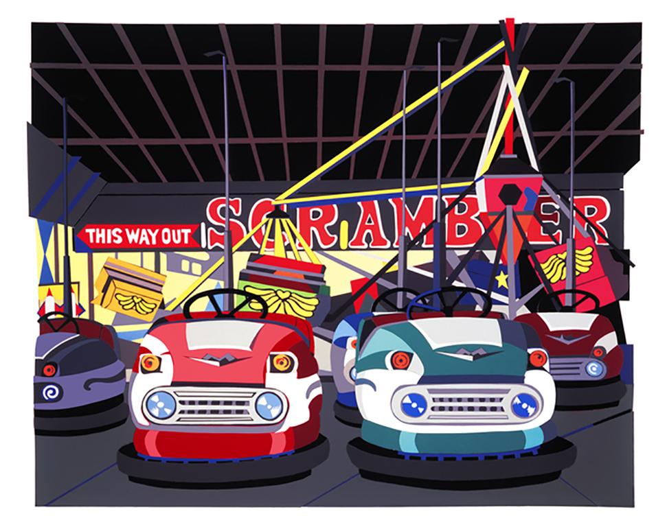 Bumper/Scrambler, bold, colorful bumper car print, amusement park, Coney Island,  - Print by Philomena Marano