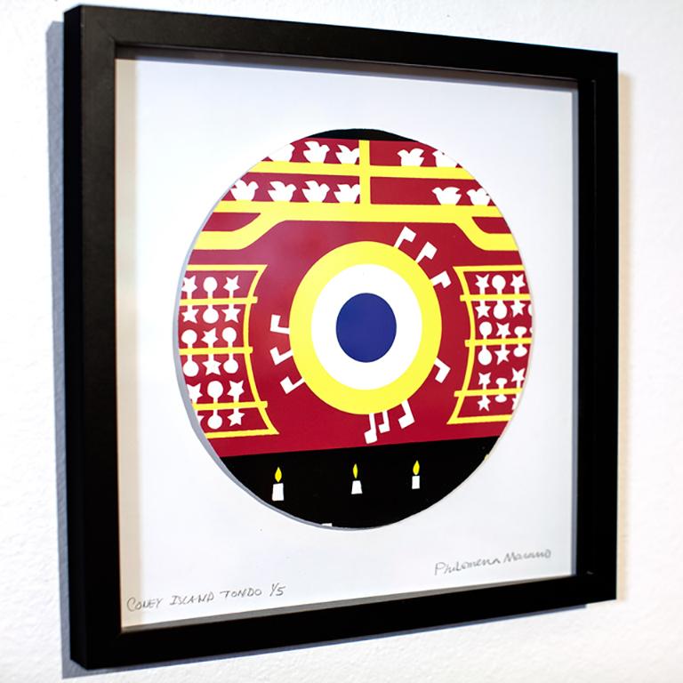 Coney Island Tondo, screen print, colorful graphic shooting gallery, shadow box