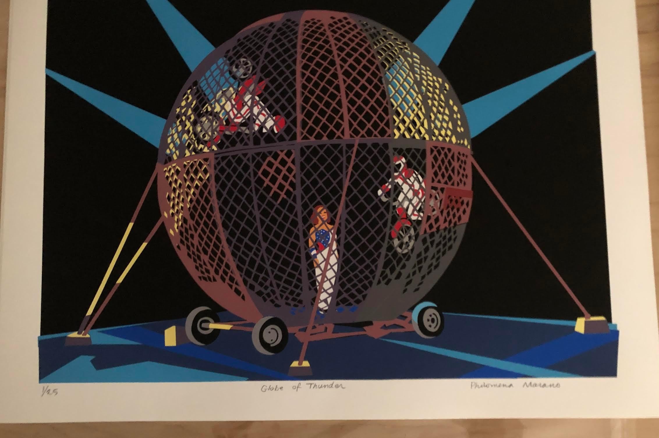 Globe of Thunder leuchtende Farben schwarzer Hintergrund Zirkus daredevil Motorrad Spaß  (Hard Edge), Print, von Philomena Marano