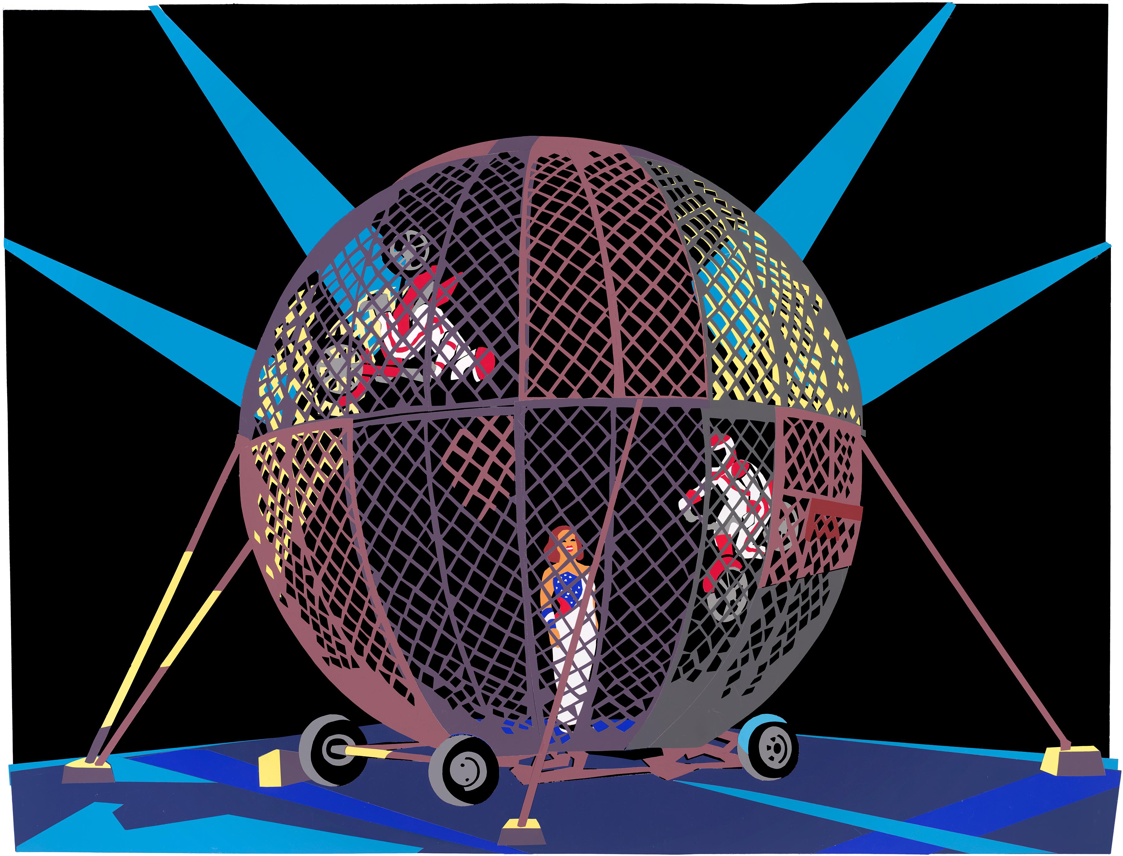 Globe of Thunder - Amusant circus daredevil à arrière-plan noir aux couleurs vives 