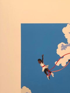 High Flyer circus trapeze artist bright colors blue sky clouds bold