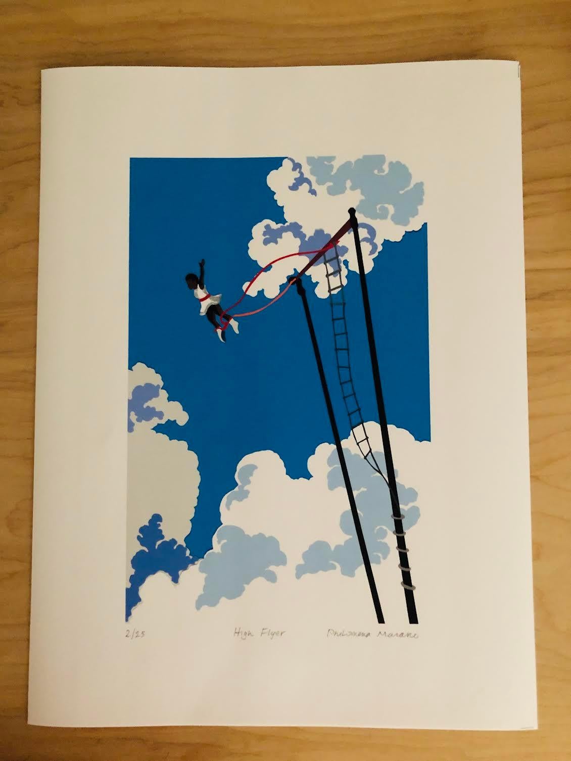 High Flyer trapecista de circo colores brillantes cielo azul nubes atrevido - Print Borde duro de Philomena Marano