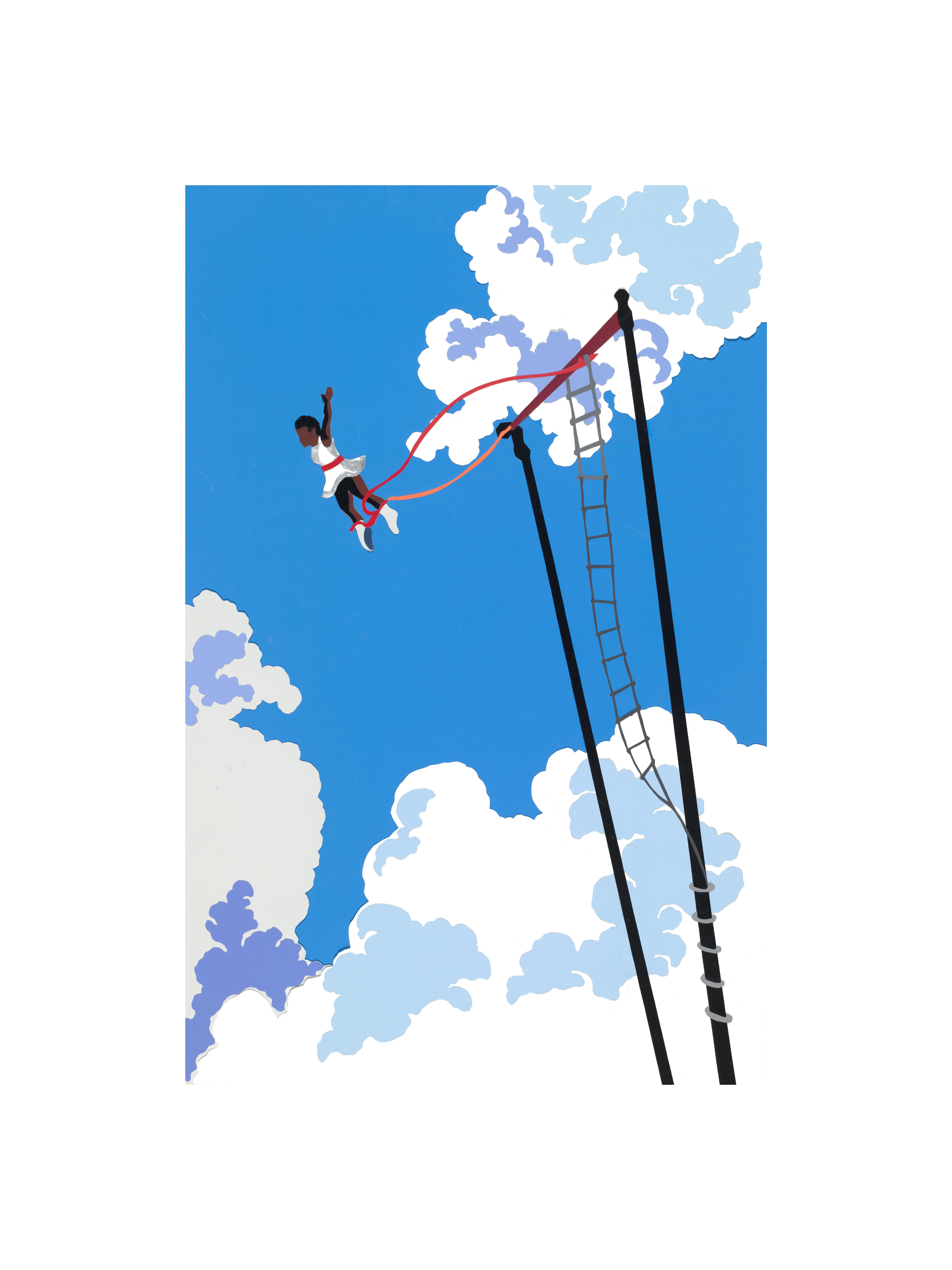 Philomena Marano Figurative Print - High Flyer circus trapeze artist bright colors blue sky clouds bold