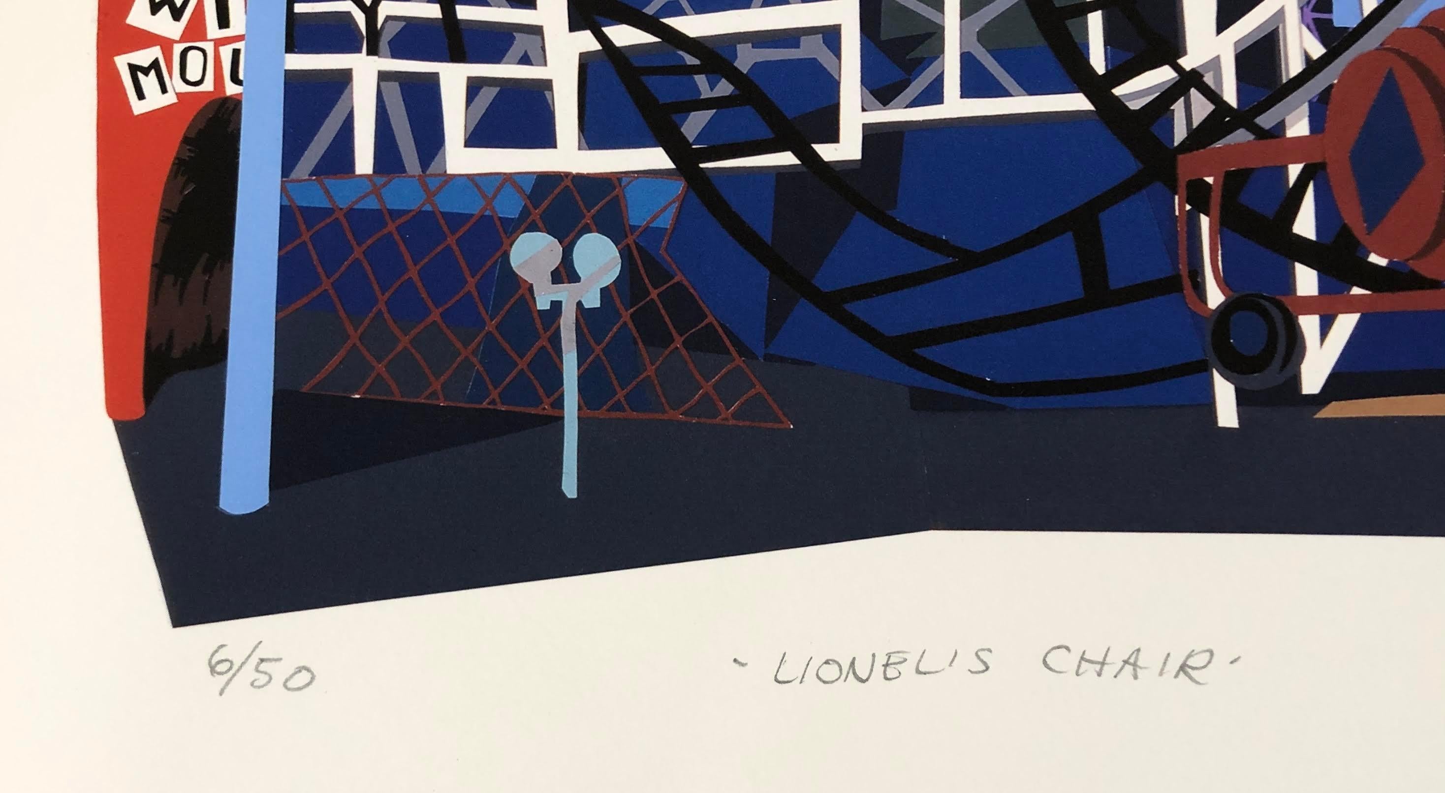 Lionel's Chair,  night landscape, roller coaster, amusement park, whimsical - Black Landscape Print by Philomena Marano
