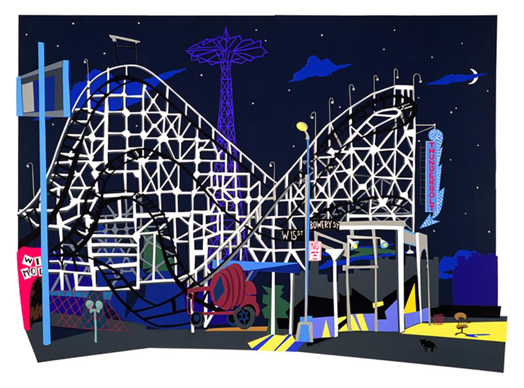 Philomena Marano Landscape Print - Lionel's Chair,  night landscape, roller coaster, amusement park, whimsical