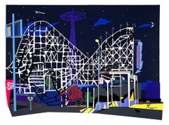 Lionel's Chair,  night landscape, roller coaster, amusement park, whimsical