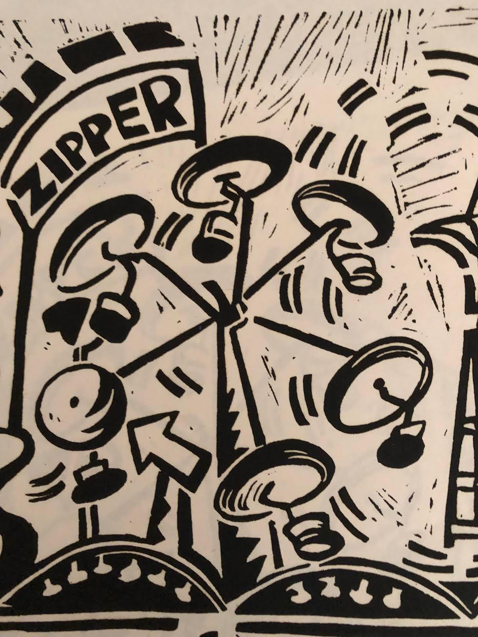Little Zipper, skurrile lustige Grafik schwarz-weiß Fallschirmsprung Text Schädel (Ashcan School), Print, von Philomena Marano