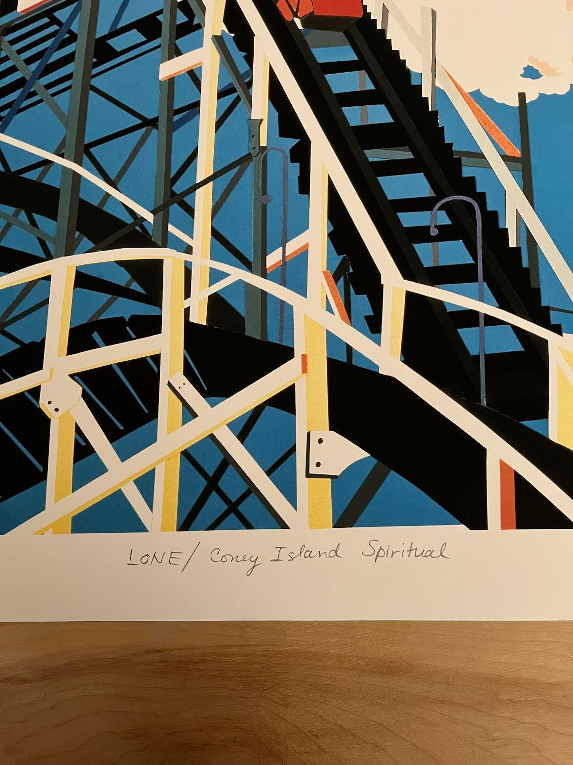 Portrait of the iconic Coney Island Cyclone Roller Coaster. Limited edition 200, archival pigment print on Sateen white paper, signed & numbered. Image depicts the rush and pure exhilaration of the Cyclone. 
LONE/ Coney Island Spiritual is from my