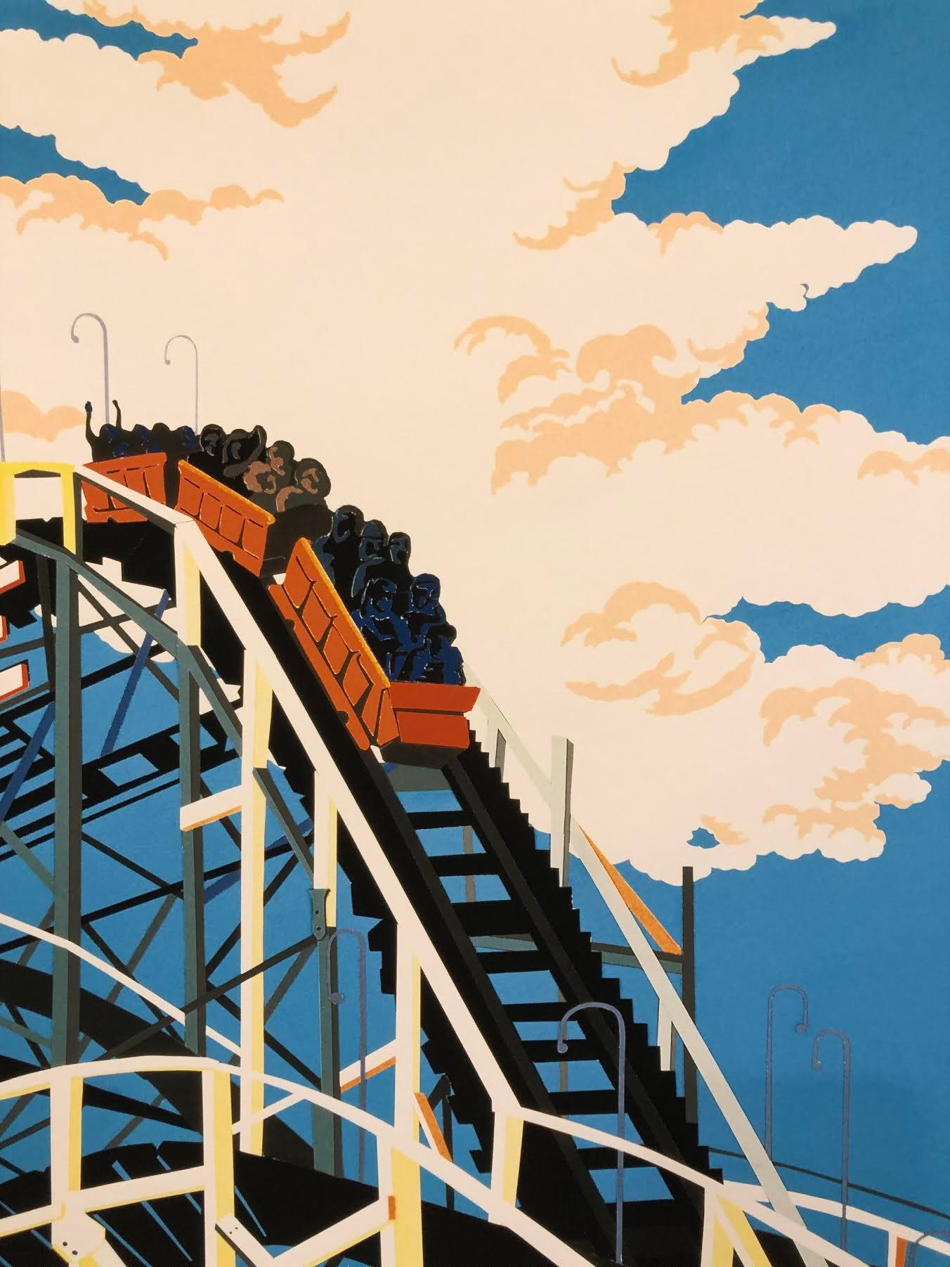 Lone, Coney Island Spiritual, bright color Cyclone roller coaster amusement park - Print by Philomena Marano