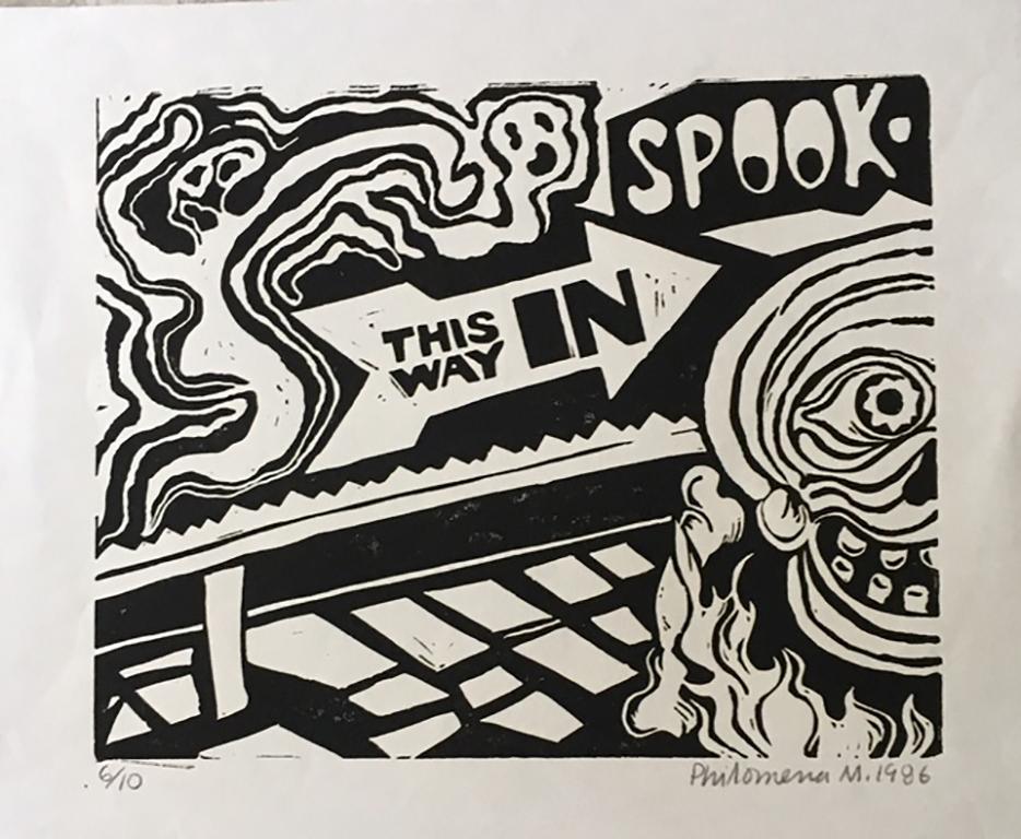 SPOOKARAMA / Coney Island,  linocut, skull, signage, amusement park, pop culture - Print by Philomena Marano