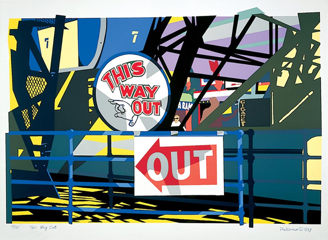 This Way Out, colorful graphic amusement park with text - Print by Philomena Marano