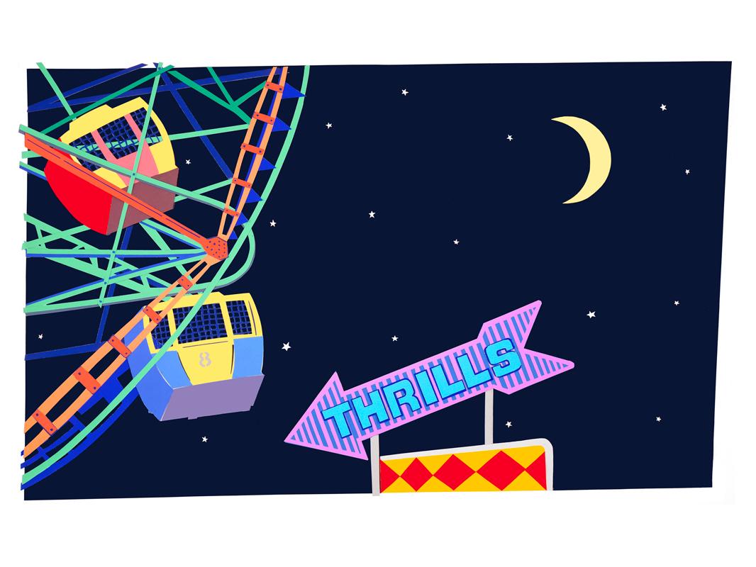 Brividi, Coney Island wonder Wheel, notte, insegna al neon, parco divertimenti, colorata - Print di Philomena Marano
