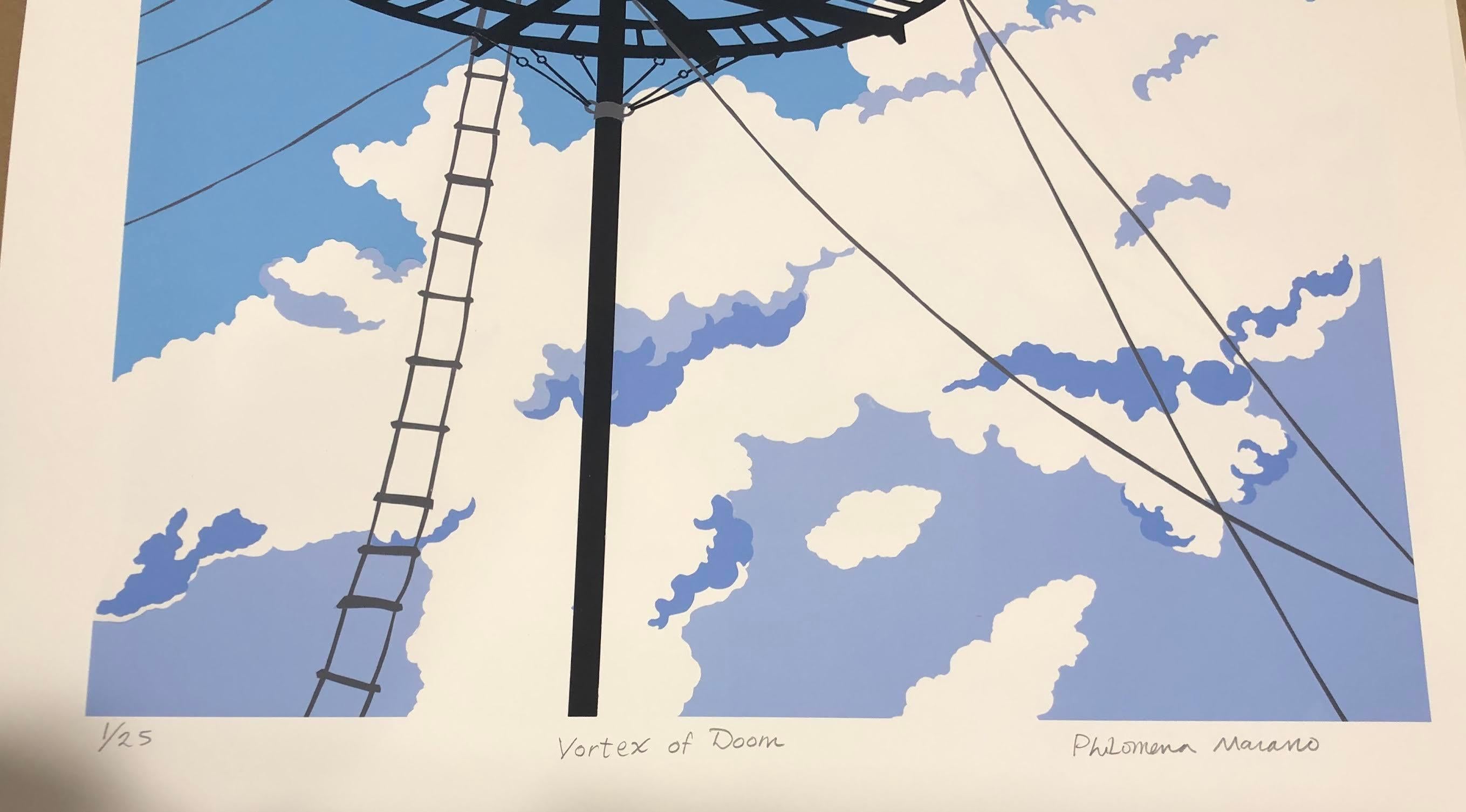 Vortex of Doom Circus thrill show blue sky clouds motorcycles daredevils - Print by Philomena Marano
