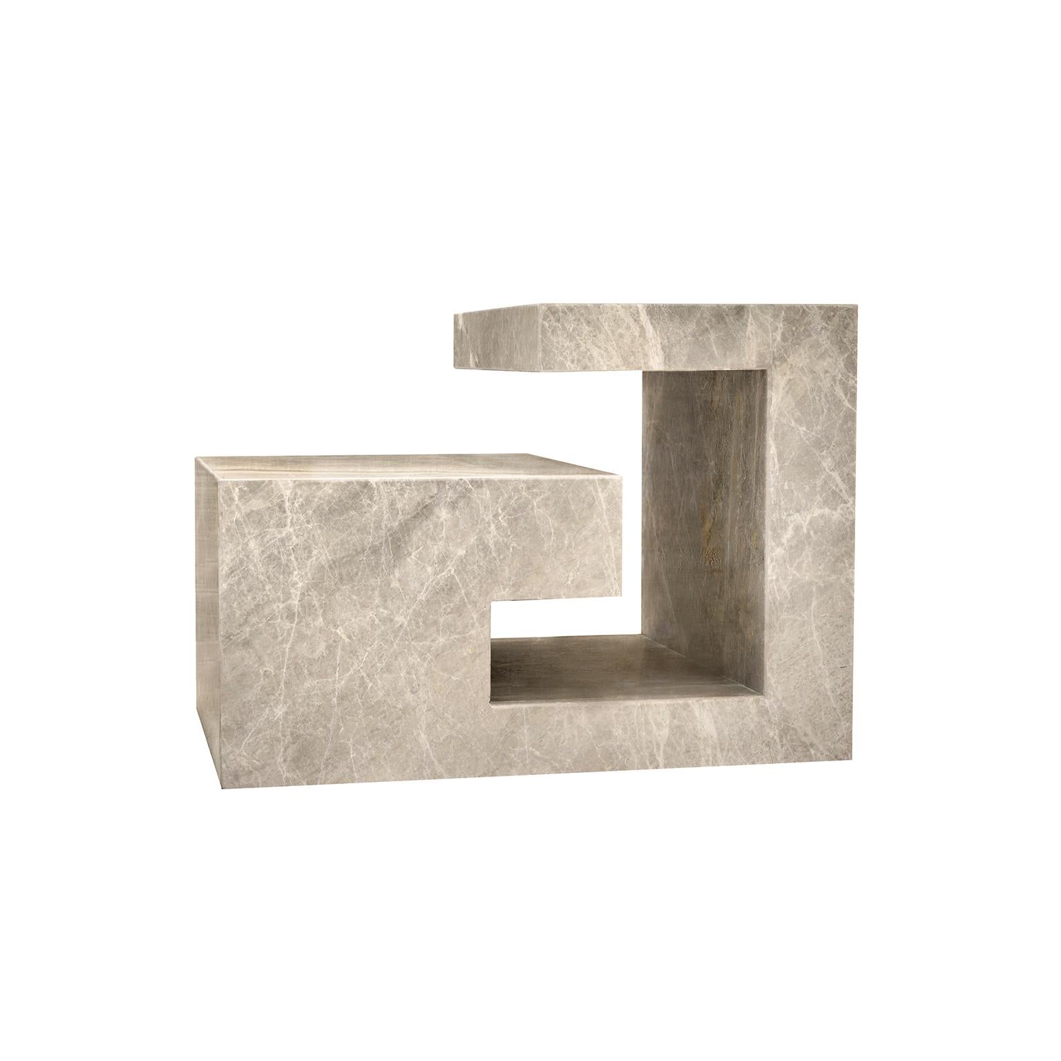 Solid marble, sculptural table model “Philos” shaped like a Greek key. The multiple surfaces allow for various uses, from serving to seating? Handcrafted in Athens, Greece.