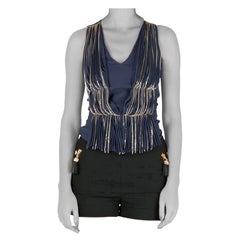 Philosophy Blue Silk Gathered Pleat Front Metal Chain Detail Sleeveless Top S