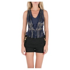 Philosophy Blue Silk Gathered Pleat Front Metal Chain Detail Sleeveless Top S