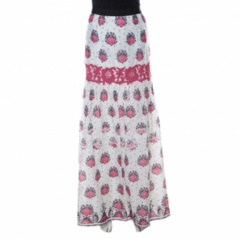 Grigio Philosophy di Alberta Ferretti Cotton Floral Print Lace Insert Maxi Skirt L in vendita