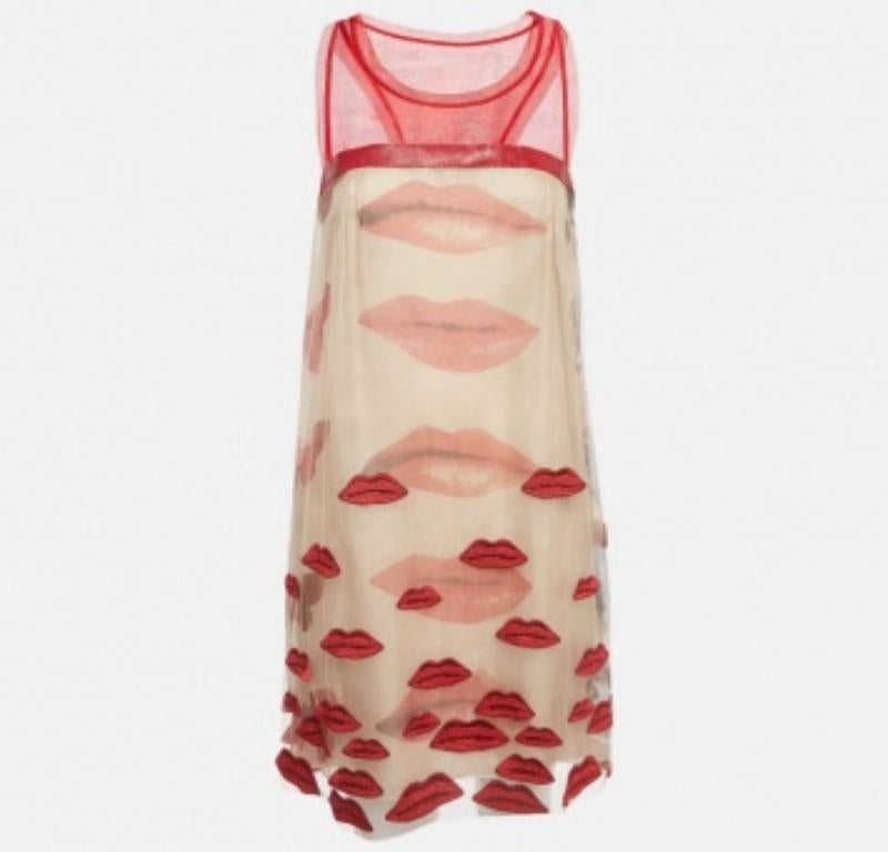 Philosophy di Alberta Ferretti Rot/Beigefarbenes Tüllkleid mit Lippenapplikationen S im Angebot 2