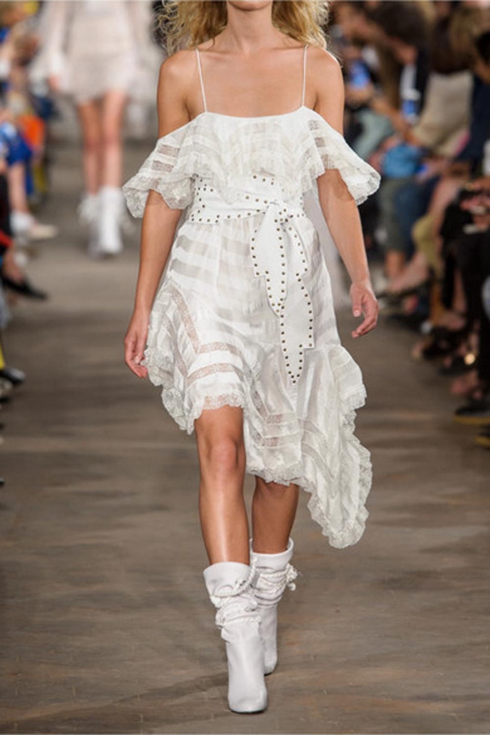 Philosophy di Lorenzo Serafini Asymmetric Striped Lace and Twill Mini Dress In Excellent Condition In London, GB