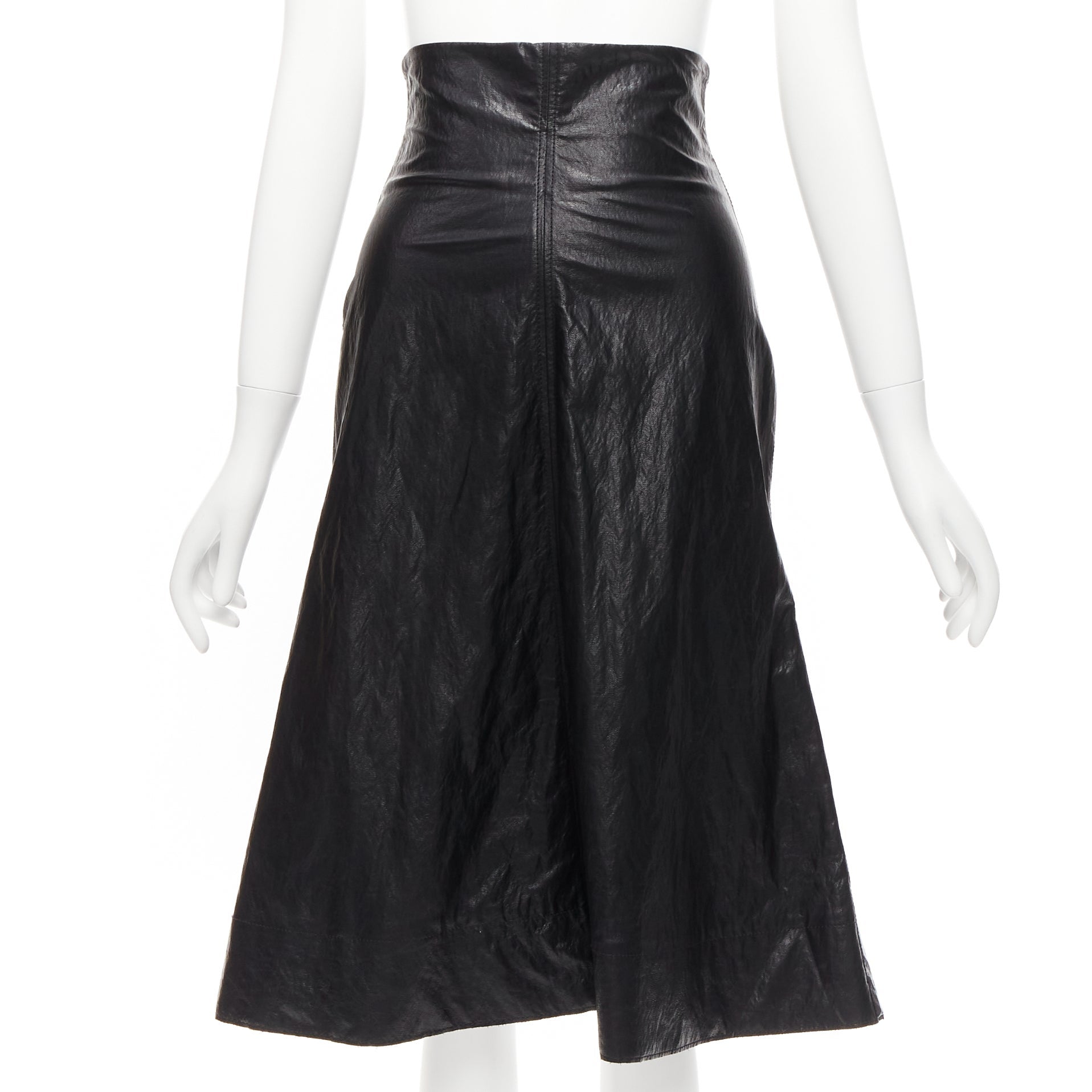 PHILOSOPHY DI LORENZO SERAFINI black faux crinkled leather A-line skirt IT38 XS