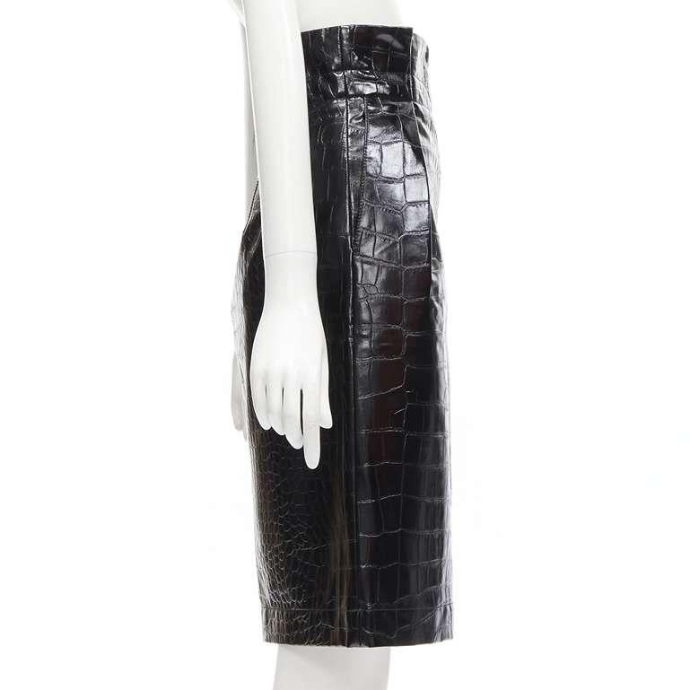 PHILOSOPHY DI LORENZO SERAFINI black faux croc pleather A-line skirt IT38 XS In Excellent Condition For Sale In Hong Kong, NT