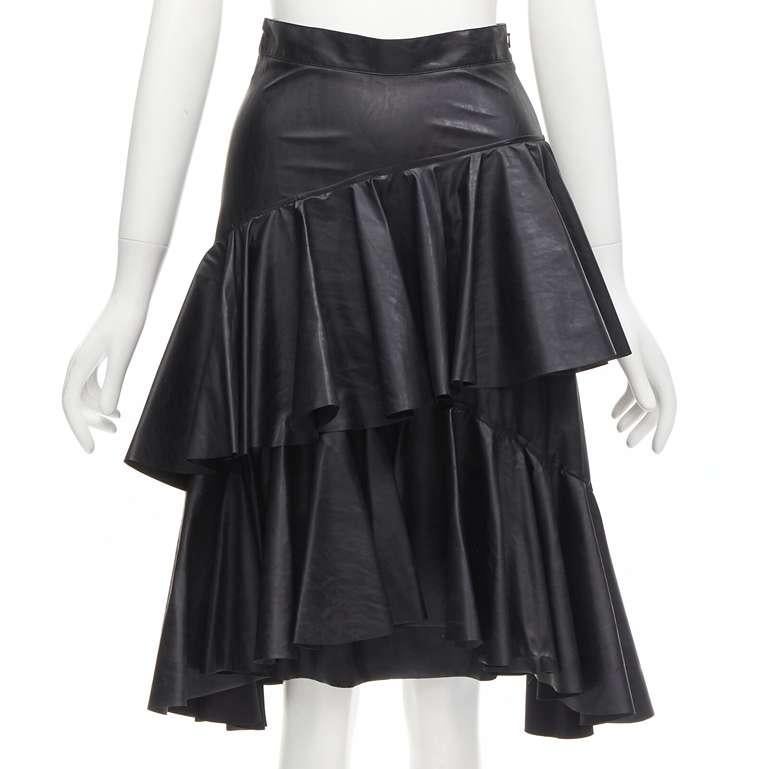 Women's PHILOSOPHY DI LORENZO SERAFINI black faux leather asymmetric tier skirt IT38 XS For Sale