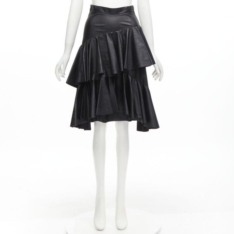 PHILOSOPHY DI LORENZO SERAFINI black faux leather asymmetric tier skirt IT38 XS For Sale 5