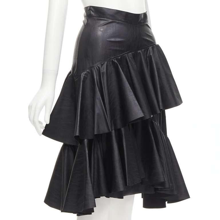Black PHILOSOPHY DI LORENZO SERAFINI black faux leather tiered A-line skirt IT38 XS For Sale