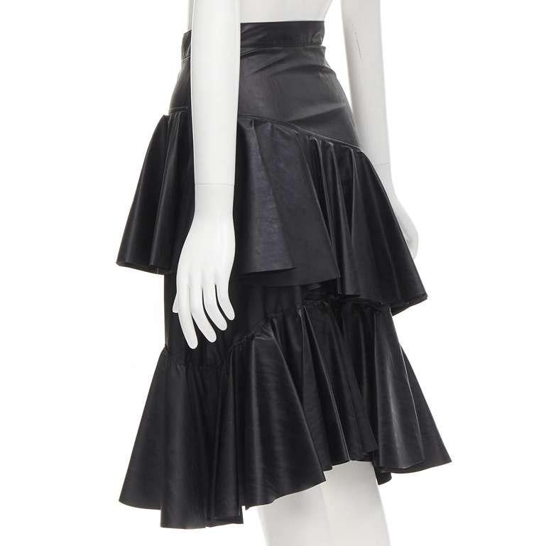 PHILOSOPHY DI LORENZO SERAFINI black faux leather tiered A-line skirt IT38 XS For Sale 1