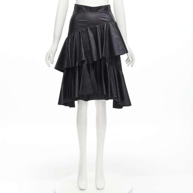PHILOSOPHY DI LORENZO SERAFINI black faux leather tiered A-line skirt IT38 XS For Sale 4