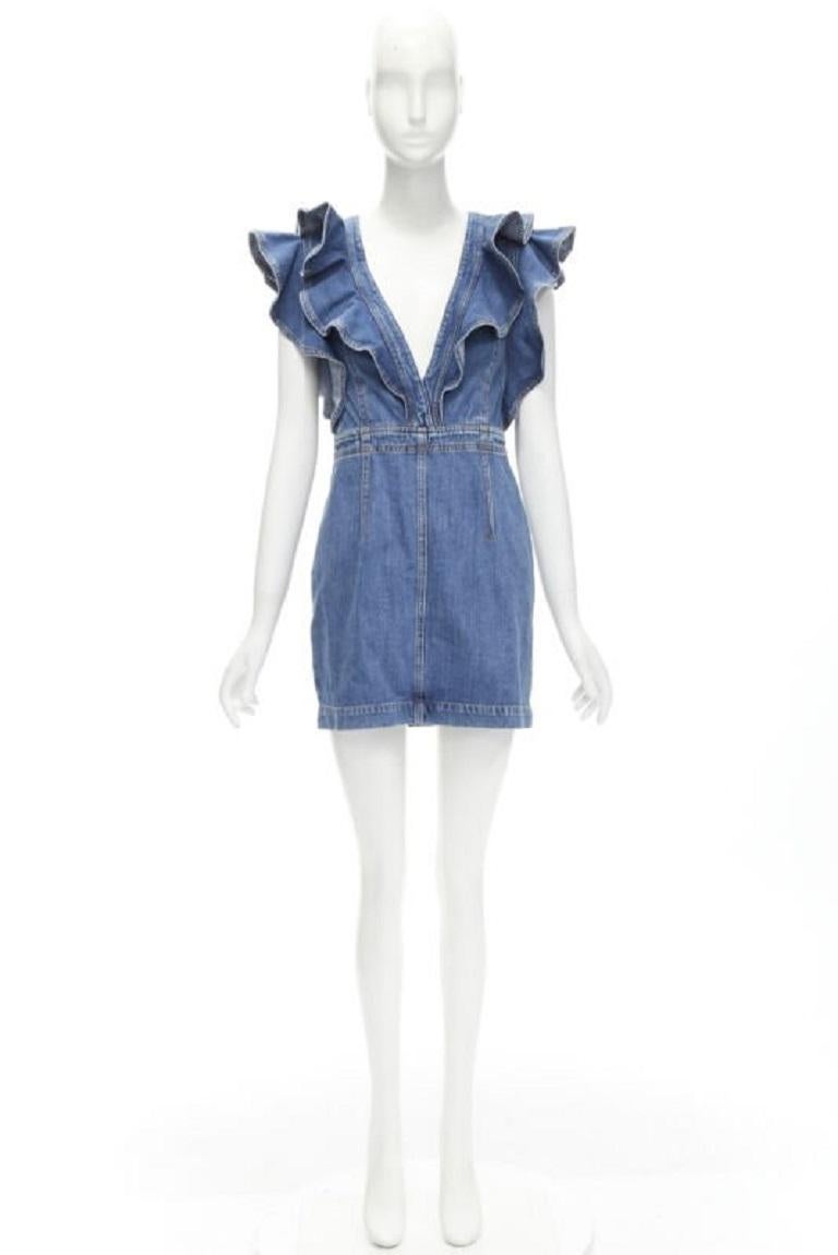PHILOSOPHY DI LORENZO SERAFINI blue denim ruffled plunge neck dress IT38 XS For Sale 5