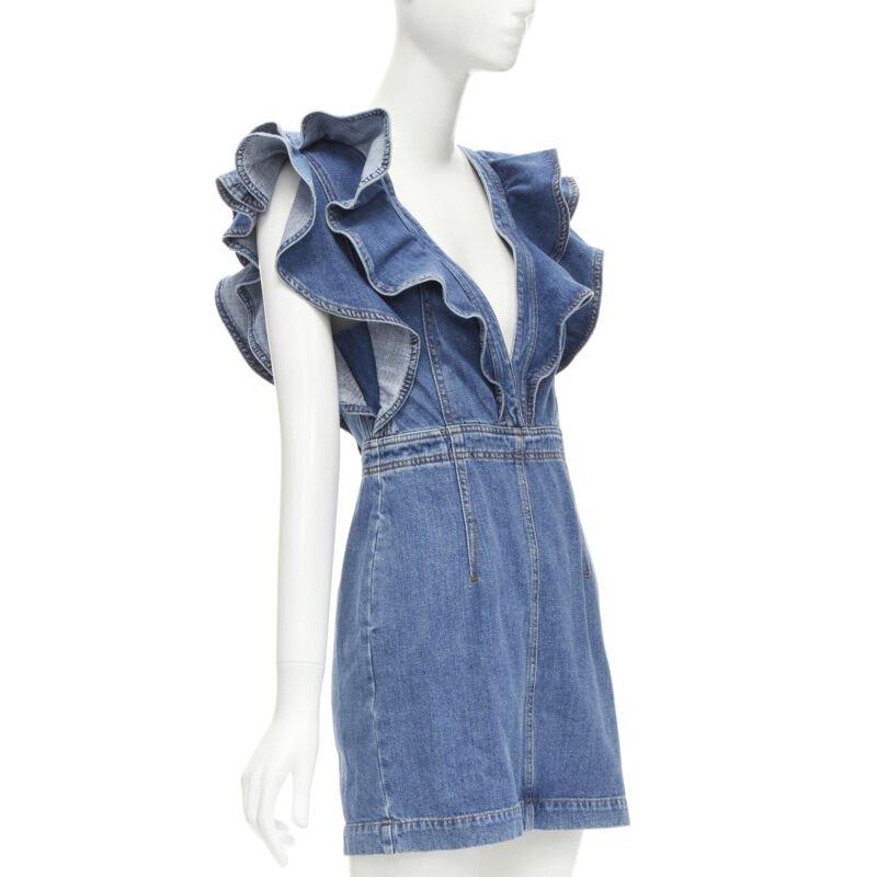 Blue PHILOSOPHY DI LORENZO SERAFINI blue denim ruffled plunge neck dress IT38 XS For Sale