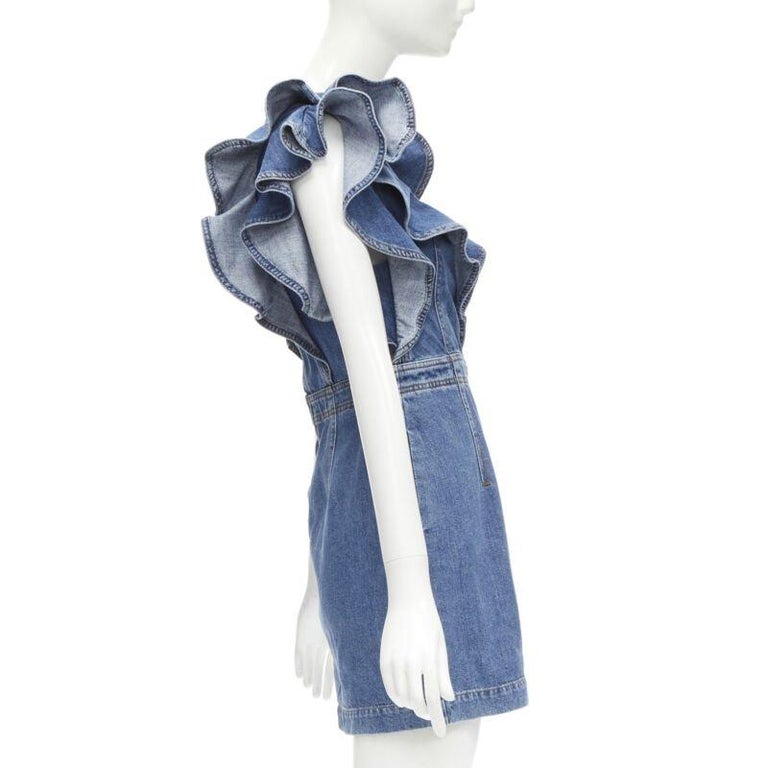 PHILOSOPHY DI LORENZO SERAFINI blue denim ruffled plunge neck dress IT38 XS For Sale at 1stDibs