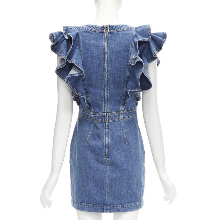 PHILOSOPHY DI LORENZO SERAFINI blue denim ruffled plunge neck dress IT38 XS  For Sale at 1stDibs