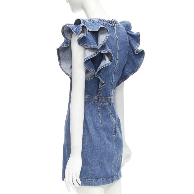PHILOSOPHY DI LORENZO SERAFINI blue denim ruffled plunge neck dress IT38 XS For Sale 1