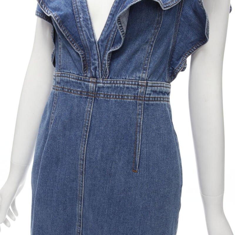 PHILOSOPHY DI LORENZO SERAFINI blue denim ruffled plunge neck dress IT38 XS For Sale 2